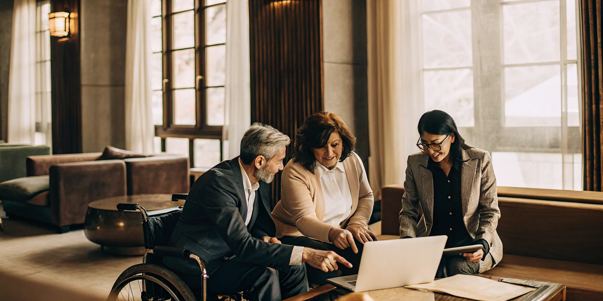 Pro bono nursing home lawyers meet with a resident in a wheelchair to review his case.