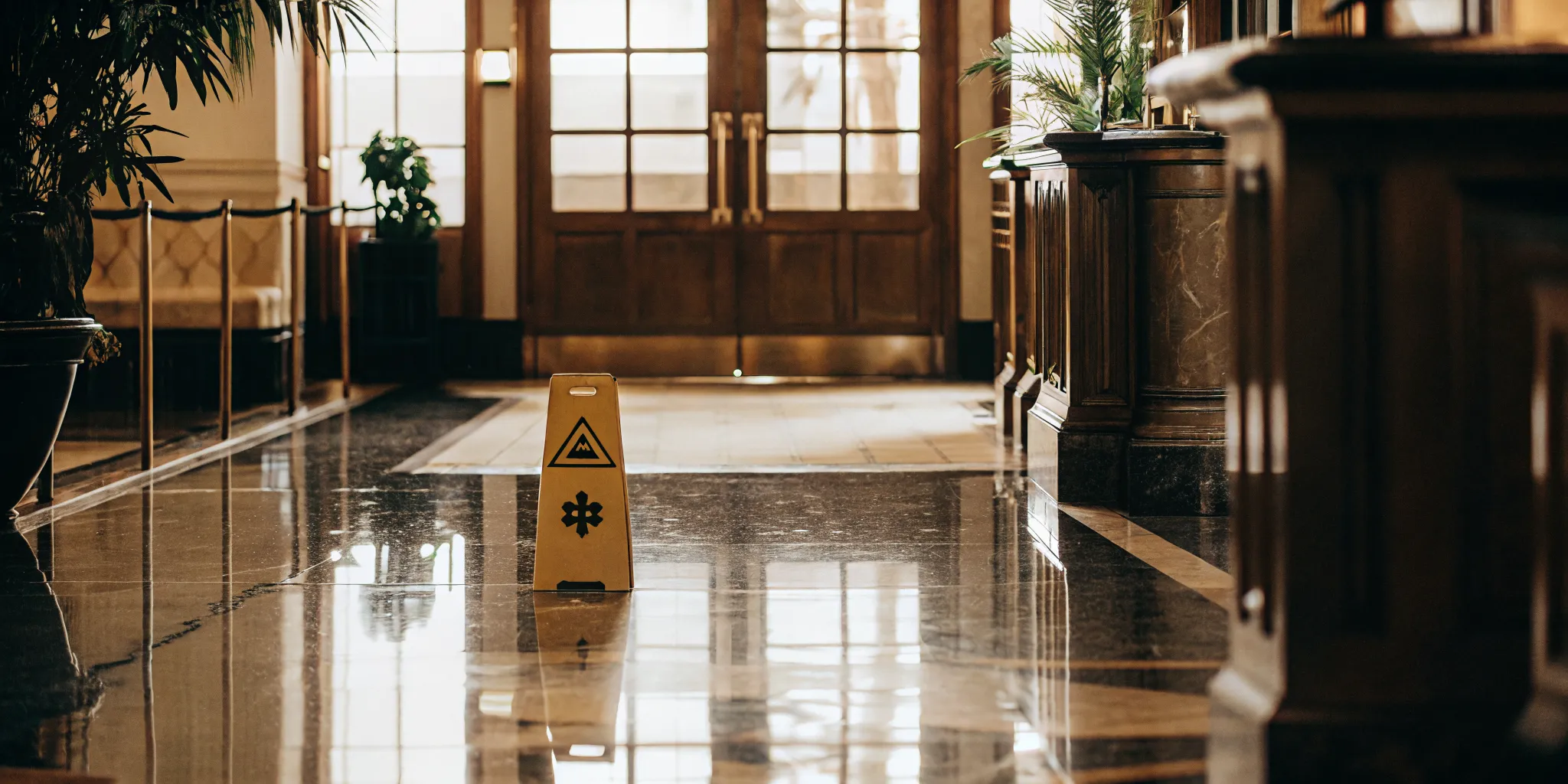A wet floor warning sign in a clean and polished lobby