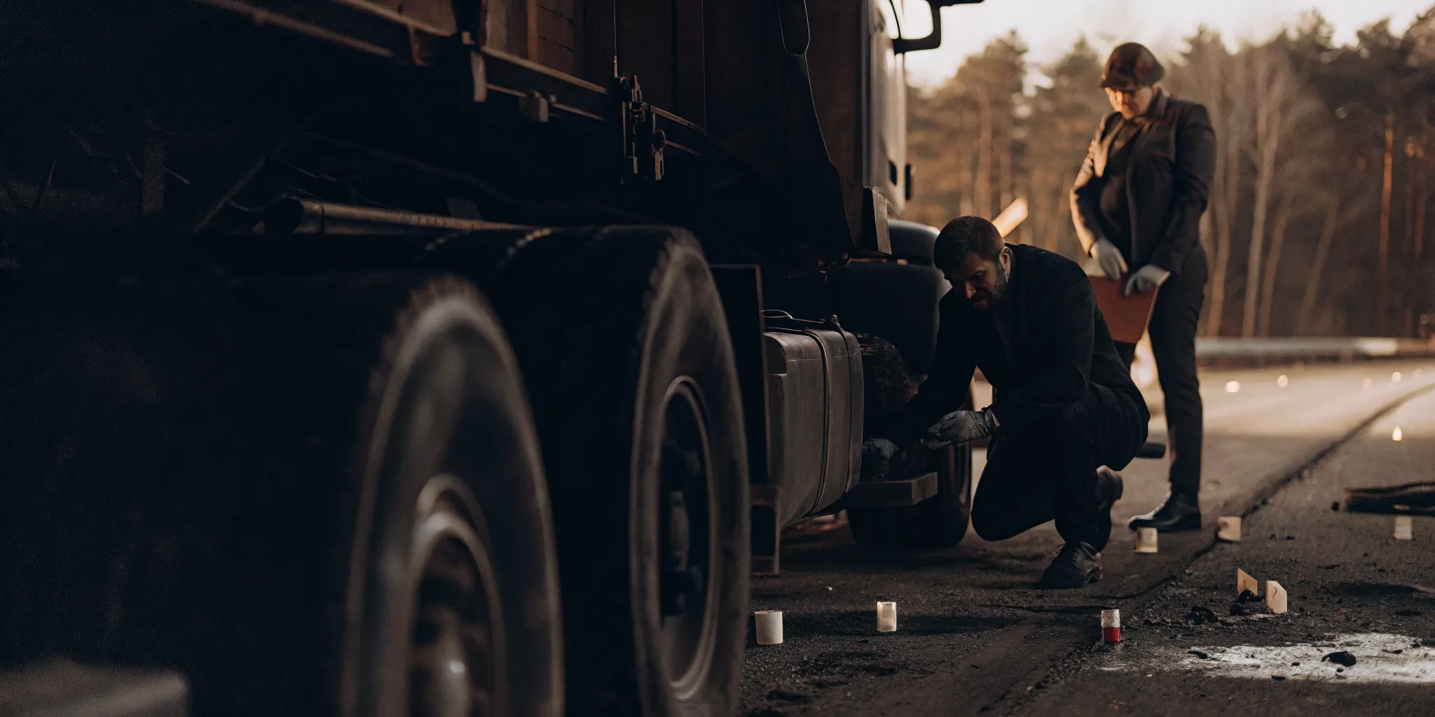 Law enforcement and legal team inspecting a commercial semi-truck accident scene on a highway
